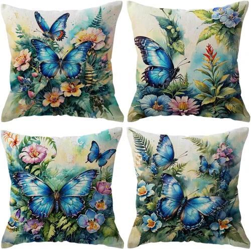 ULOVE LOVE YOURSELF Fundas de almohada con patrón de mariposa, estilo vintage, decoración de granja, flores en acuarela, 18 x 18 pulgadas, paquete
