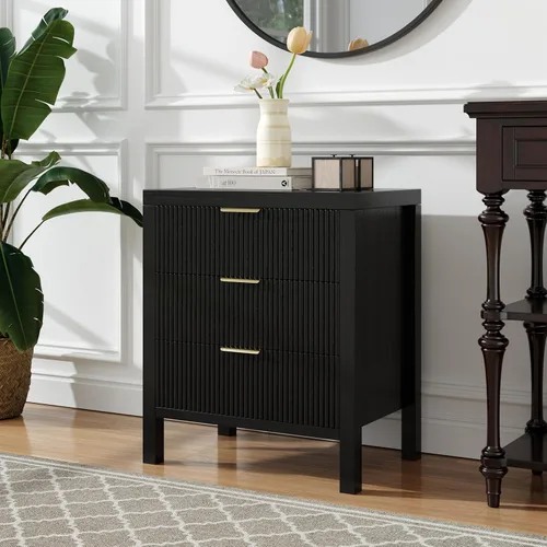 Miniatura 6 de Mesita de noche con almacenamiento, mesitas de noche de madera estilo granja con 3 cajones, mesita de noche estilo bohemio alta para dormitorio