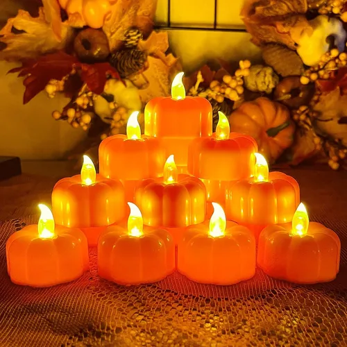 Miniatura 2 de Decoraciones de otoño para el hogar, luces de té de calabaza, paquete de 12 luces LED de calabaza naranja sin llama, velas parpadeantes que