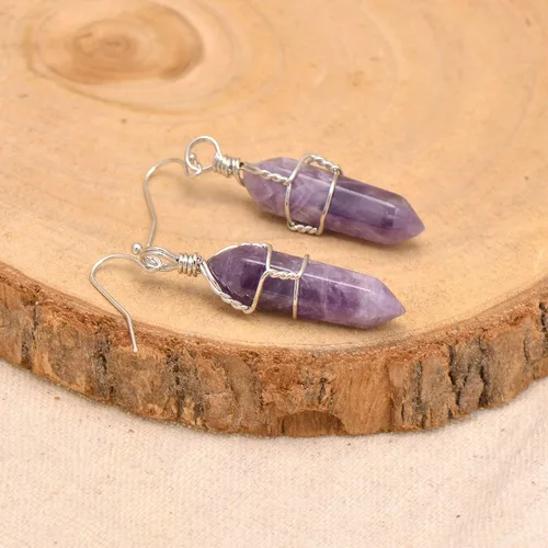 Miniatura 9 de Pendientes de cristal de punta envuelta en alambre de piedra pulida para mujer Reiki Energy Healing