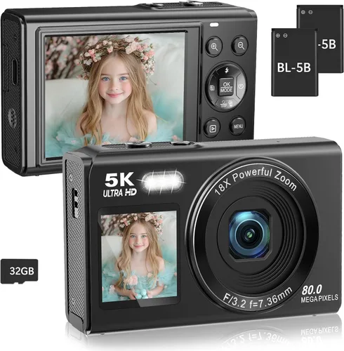 Cámara digital 5K de pantalla dual para videoblogs con luz de relleno - 80MP, zoom 16X, WiFi, para YouTube/blogs, incluye tarjeta de 32GB y 2