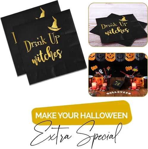Miniatura 6 de Servilletas de Halloween Drink Up Witches, 52 servilletas de cóctel de Halloween para decoración, cena, bebidas y suministros de fiesta de brujas