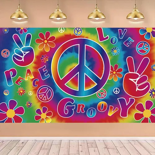 Miniatura 5 de Cartel de fondo bohemio hippie retro arco iris, 71 x 44 pulgadas, decoración de fiesta de carnaval de los años 60, poliéster, múltiples ocasiones