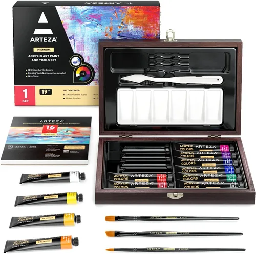Miniatura 8 de Arteza Juego de arte acrílico, incluye caballete de mesa, 12 tubos de pintura acrílica, papel de paleta, 10 pinceles, almohadillas de lienzo