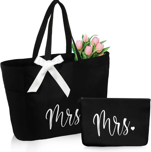 Bolsa de mano para novia con bolsa de maquillaje, juego de poliéster MRS para mujer, grande, negro, regalos de boda, Negro -, Grande