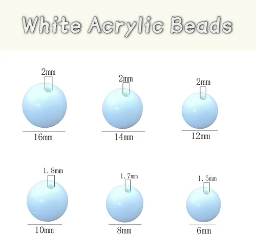 Miniatura 2 de 400 cuentas sueltas redondas de acrílico blanco con agujero de 0.067 in, cuentas a granel de 0.315 pulgadas para pulseras, collares, aretes