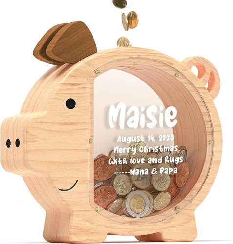 Miniatura 8 de Summidate Alcancía de madera para niños, niñas, niños y adultos, grandes facturas irrompibles, cambio de monedas, tarro de ahorro de dinero, regalo