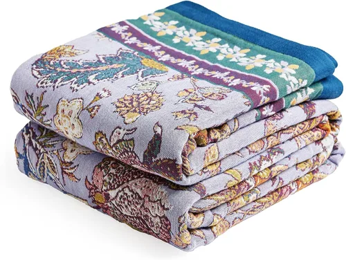 Miniatura 25 de VANJOROY - Manta bohemia de 100% algodón orgánico, transpirable, ultrasuave, decoración rústica, manta decorativa con diseño floral para todas