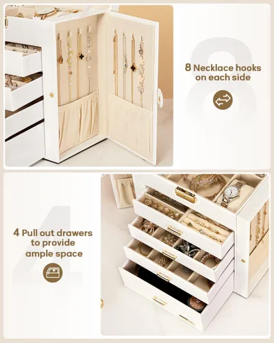 Miniatura 5 de Homde Joyero enorme de cuero sintético con espejo, organizador de relojes, collar, anillo y aretes, estuche de regalo con cerradura (blanco + dorado)