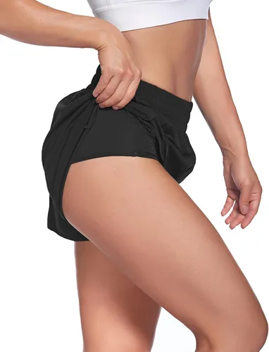 Miniatura 2 de LaLaLa - Pantalones cortos de entrenamiento para mujer con bolsillo con cierre de cremallera secado rápido pantalones cortos deportivos con cintura