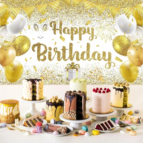 Miniatura 2 de Decoraciones de fiesta de feliz cumpleaños dorado y blanco, pancarta grande para mujeres, hombres y niñas, 70.8 x 43.3 pulgadas