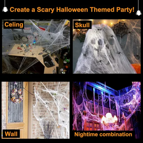 Miniatura 9 de swagon Telaraña de Halloween de 1,600 pies cuadrados con 75 arañas falsas extra, telarañas súper elásticas, telarañas blancas, telarañas