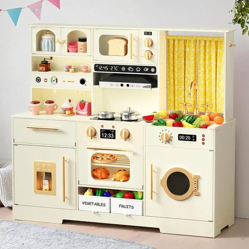 Juego de cocina para niños pequeños con cajas de almacenamiento de fieltro y gancho de rango, juego de cocina de madera para niños con horno,
