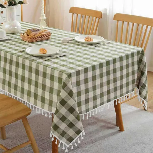 Miniatura 8 de JIALE - Mantel cuadrado de lino de algodón de cuadros Gingham con borlas, lavable, sin arrugas, mantel a cuadros de búfalo para fiesta al aire