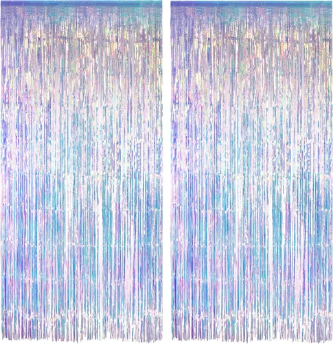 Telón de fondo de serpentinas de fiesta iridescente - GREATRIL Cortina de flecos de oropel holográfica transparente de neón para decoración temática
