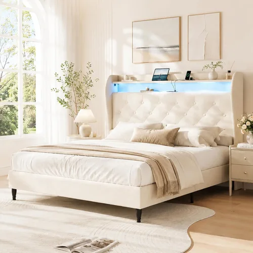 Base de cama tamaño King con cabecera alta, base de cama tapizada con estación de carga y luces LED, moderna cabecera de almacenamiento con respaldo