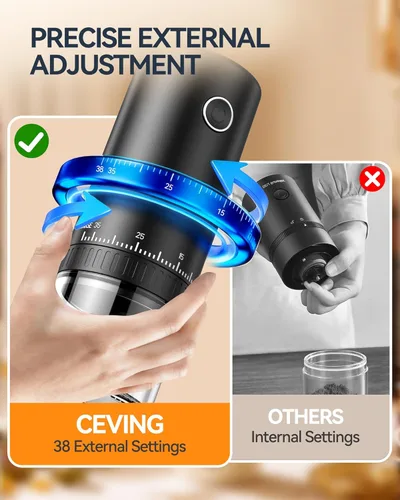 Miniatura 5 de CEVING Primer Molinillo de Café Recargable que Muele Mientras se Carga, Molienda 1.7X Más Rápida con 38 Configuraciones Ajustables Externas, Fresas