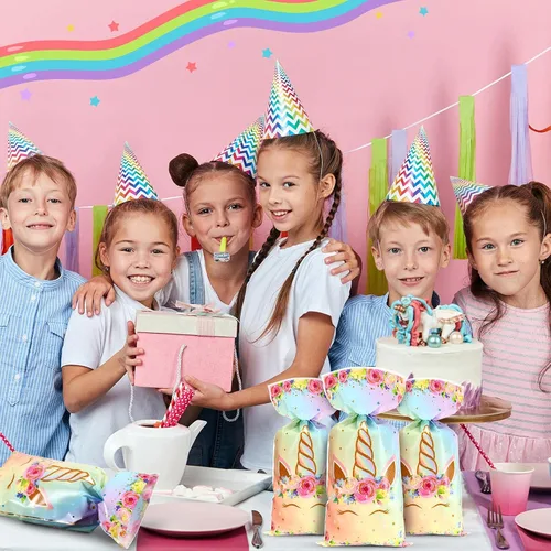 Miniatura 5 de Zonon 100 bolsas de regalo de unicornios, bolsas de regalo de unicornio, celofán, rosa, arcoíris, dorado, con 100 lazos plateados, recuerdos