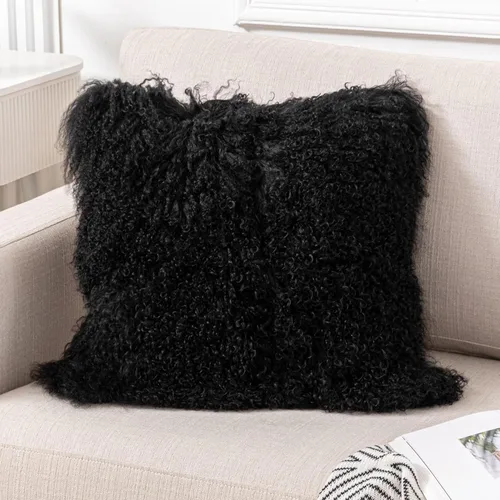 Miniatura 7 de Funda de almohada de piel de cordero mongol tibetano, 100% piel de oveja real, rollo de lana de cordero, cuadrada, decorada para sala de estar, Negro