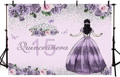 Miniatura 3 de AIBIIN Telón de fondo de quinceañera de 7 x 5 pies, corona dorada, vestido floral morado, corona de princesa, fondo de fotografía, fiesta