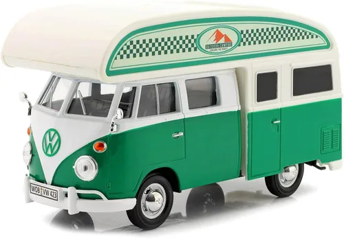 Volkswagen Tipo 2 (T1) Camper Van Verde y Blanco Camping al aire libre Explora el bosque 1/24 Modelo de coche fundido a troquel por Motormax