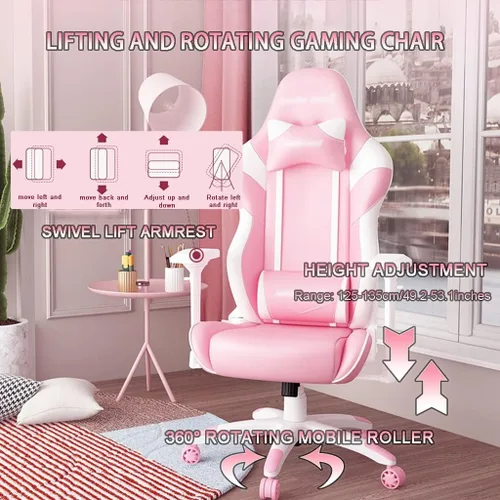 Miniatura 6 de Silla ergonómica para juegos de PC, silla de oficina fresca y tierna, color rosa para niñas, silla gamer, gran ángulo de 160°, puede acostarse