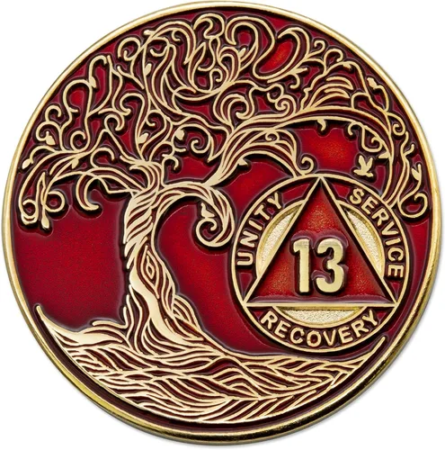 Miniatura 45 de 20 Year Sobriety Mint Twisted Tree of Life - Medallón de recuperación AA chapado en oro, fichas y fichas, color negro