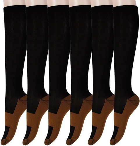 Miniatura 6 de Calcetines de compresión graduados de cobre, 6 pares de calcetines de compresión antifatiga hasta la rodilla para hombres y mujeres, medias de Negro