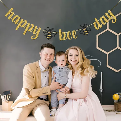 Miniatura 4 de Cartel de Feliz Día de la Abeja con purpurina dorada/Suministros de fiesta de baby shower con temática de abejorros/Nueva mamá/fiesta de revelación