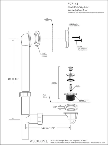 Miniatura 5 de Westbrass 597144-62 Conjunto de desbordamiento y desbordamiento tubular de polietileno de 14 pulgadas con placa frontal de 2 agujeros y tapón