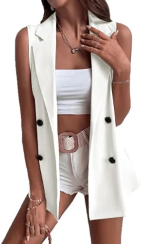 Chaleco casual de doble botonadura para mujer, sin mangas, con parte delantera abierta, con bolsillos