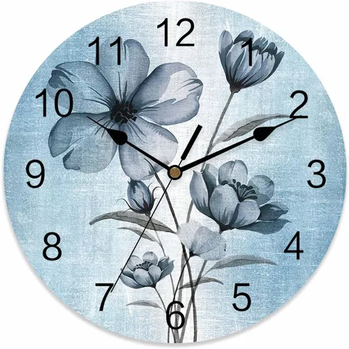 Reloj de pared de flores azules, 10 pulgadas, silencioso, sin tictac, estilo retro, funciona con pilas, elegante reloj floral degradado para