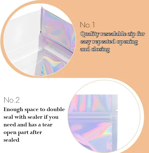 Miniatura 4 de 50 bolsas holográficas de Mylar de 5.5 x 7.8 pulgadas, bolsa resellable con cremallera, bolsas a prueba de olores para embalaje, muestras de brillo