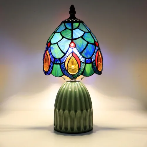 Miniatura 5 de Tiffany Stained Glass Mushroom Table Lamp 12.5 Inch -Blue Peacock Tiffany Lamp,6X6X12.5 Inch,Small Night Light,Ceramic Base, Mini Accent Light
