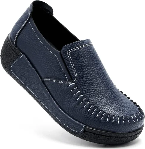 Miniatura 19 de UZB Mocasines de cuero sin cordones para mujer, cómodos zapatos de plataforma casuales