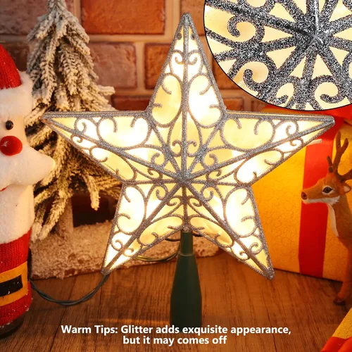 Miniatura 9 de Brizled Estrella para Copa del Árbol de Navidad de 9.5", Copa Plateada con Purpurina, Adorno 3D para Árbol de Navidad con 10 Luces, Certificado UL