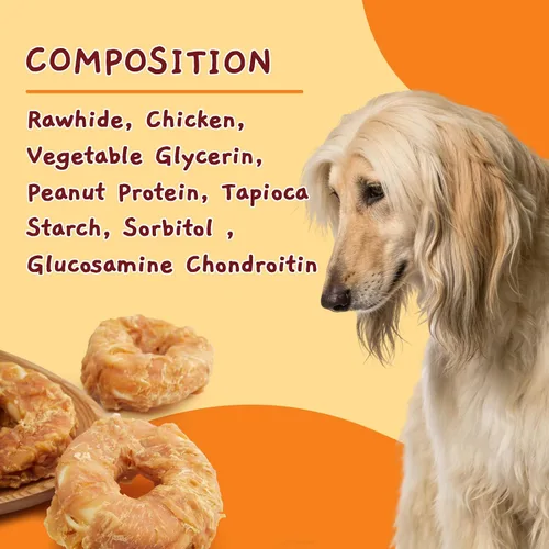 Miniatura 9 de Jungle Calling Golosinas masticables de cuero crudo de larga duración para perros, donas de cuero crudo envueltas en pollo, aperitivos masticables
