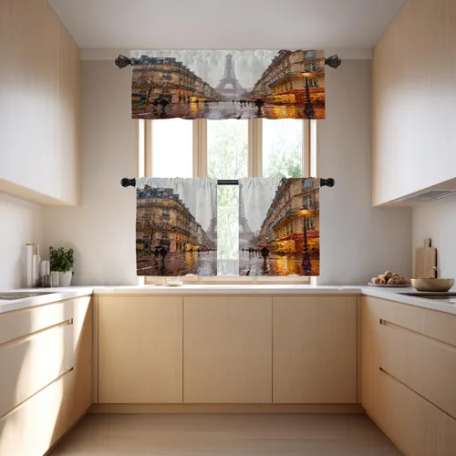 Miniatura 2 de Cortinas opacas de cocina con pintura al óleo de Europa rosa y negra para ventanas, cenefas opacas modernas de torre Eiffel de poliéster multicapa