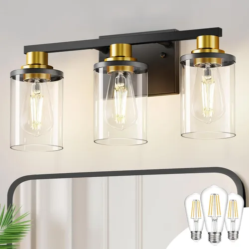 Miniatura 28 de DORESshop Lámparas de baño, 3 luces negras y doradas para baño sobre espejo con pantalla de vidrio transparente, luces de tocador para baño, Negro