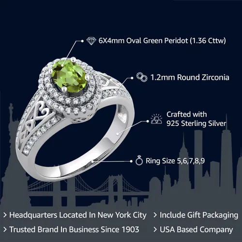 Miniatura 16 de Anillo de compromiso con halo de piedra preciosa y piedra natal en plata chapada en oro amarillo de 18 quilates, ovalado, 0.236 x 0.157 pulgadas