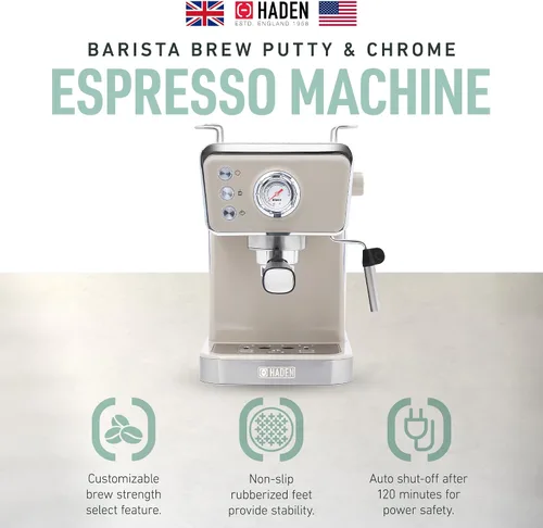 Miniatura 2 de HADEN Barista Brew - Cafetera de café expreso, de acero inoxidable con espumador de leche y vaporizador y tanque de agua de 1.5 L, masilla y cobre