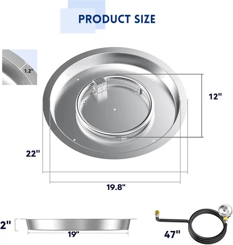 Miniatura 2 de Kit de quemador empotrable de hoguera Skyflame de acero inoxidable redondo de 19" con detección de llama, encendido electrónico por chispa, conjunto