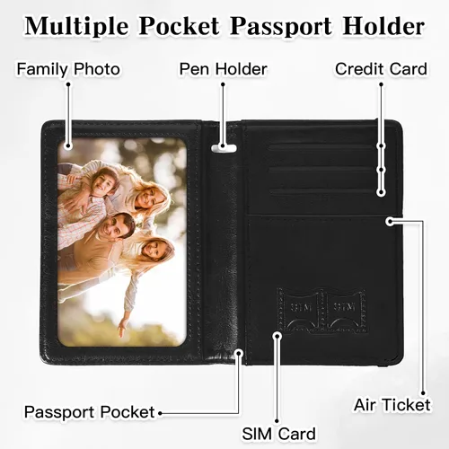 Miniatura 5 de Soporte para pasaporte para viajes, funda de pasaporte con bloqueo RFID con soporte para bolígrafo, funda de cuero para pasaporte, accesorios
