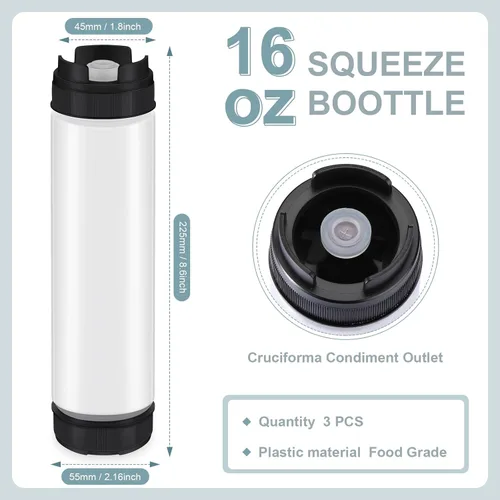 Miniatura 4 de Sabary 3 unidades de botellas exprimibles de plástico invertidas de 16 oz, dispensador recargable con válvula grande para condimentos, botella