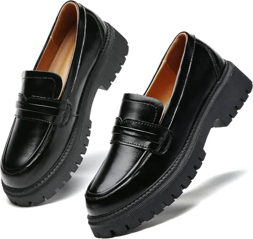 Miniatura 4 de Mocasines de cuero para mujer, zapatos de penny de plataforma gruesa, clásicos, punta redonda, cómodos, zapatos de trabajo de negocios