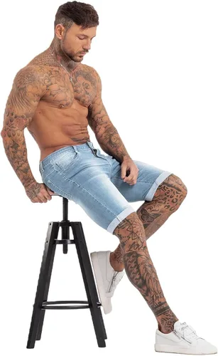 Miniatura 6 de GINGTTO Pantalones cortos de mezclilla para hombre, corte ajustado, elásticos, rasgados