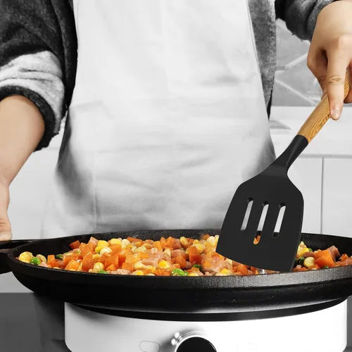 Miniatura 9 de oannao Juego de utensilios de cocina de silicona, resistente al calor, espátula, pinzas giratorias, cuchara, batidor, utensilios de cocina para Gris