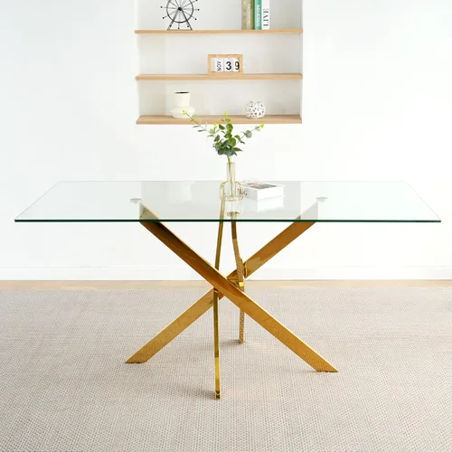 Miniatura 6 de Juego de mesa de comedor de cristal dorado moderno de 63 pulgadas para 6, juego de mesa de cocina rectangular de 7 piezas con patas de acero Negro