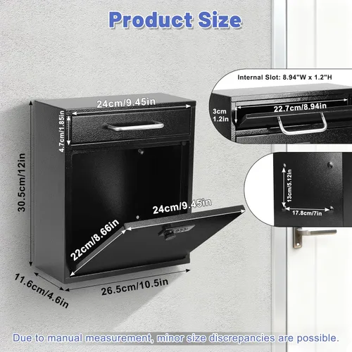 Miniatura 2 de KYODOLED Buzón de pared para exterior, cerradura de combinación, grande, negro Sturdy Steel, Anti-theft Large Drop Box, Ideal for Home, Office