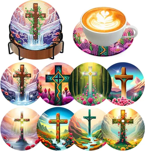 Miniatura 35 de Meothan Juego de 8 posavasos de arte de diamante para adultos con soporte, almohadillas de corcho, posavasos de arte de puntos de diamante de vidrio